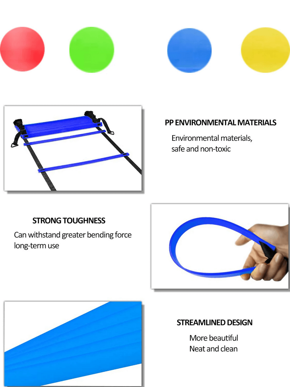 Colorful agility training set with speed ladder, strong elastic band, and eco-friendly materials for versatile sports workouts.