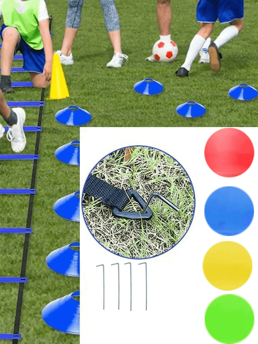 Athletes using Pro Speed and Agility Training Set with ladder, cones, and parachute on grass field. Perfect for boosting performance.