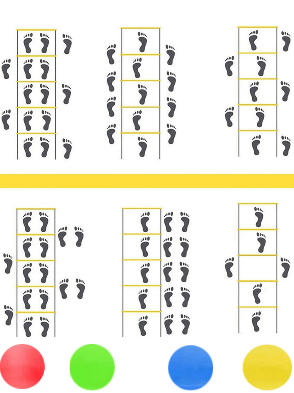 Footwork patterns on speed ladder with colorful agility training cones.