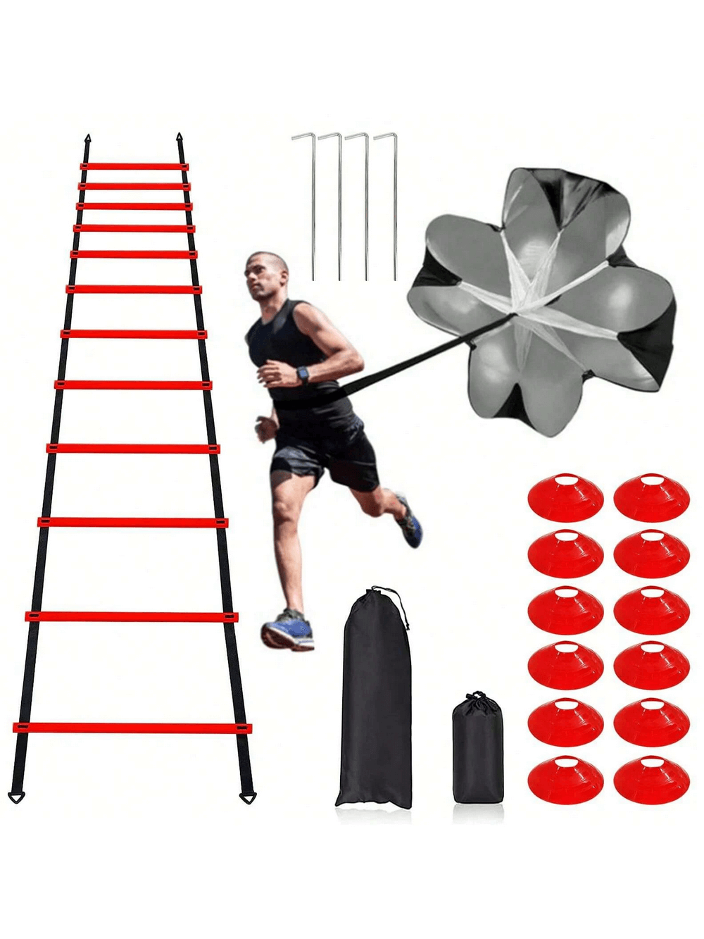 Pro Speed and Agility Training Set with ladder, cones, and resistance parachute for improving speed and coordination in sports.