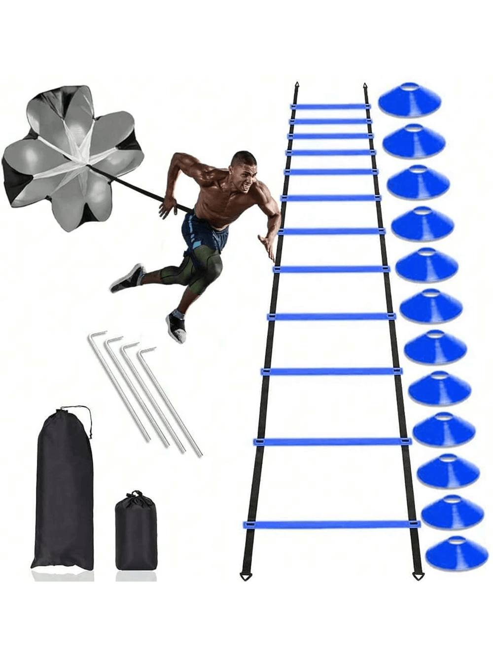 Pro Speed Agility Training Set with ladder, cones, resistance parachute, ideal for sports drills and improving athlete's speed and coordination.
