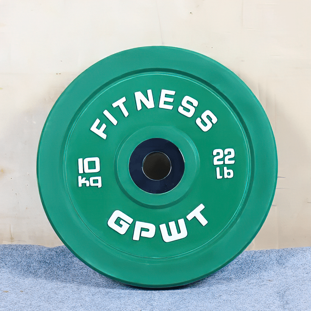 Green rubber barbell weight plate 10kg/22lb, ideal for gym use and strength training, large hole design and color-coded for easy use.