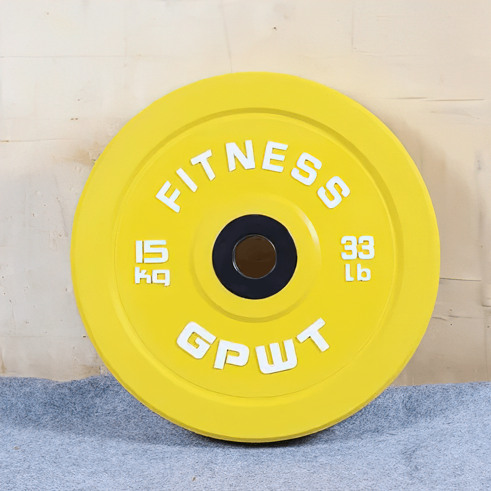 Yellow 15kg rubber barbell weight plate for gyms, marked as 