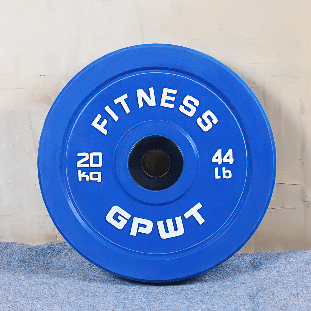 Blue rubber barbell weight plate - 20kg/44lb, durable and color-coded for gym use, designed to fit standard barbells. Ideal for strength training.