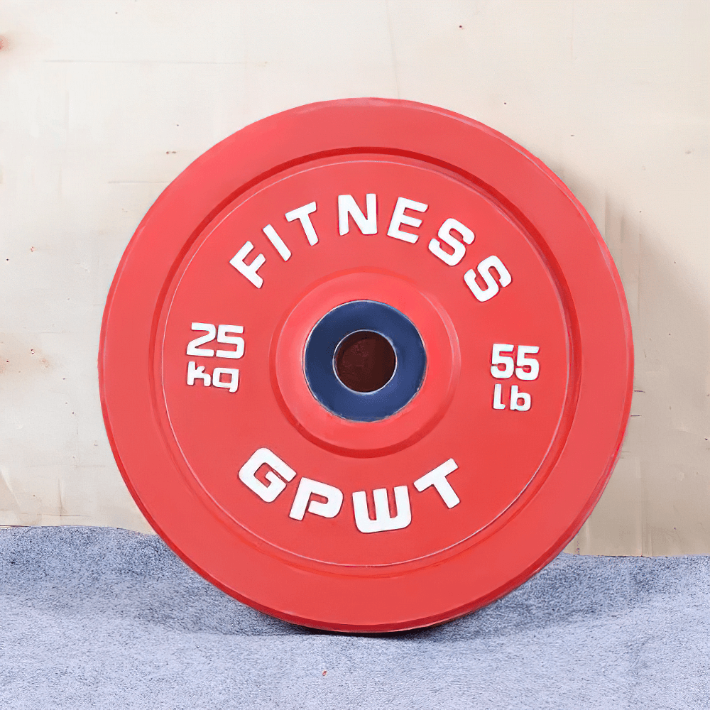 Red 25kg rubber barbell weight plate with color-coded design for strength training and weightlifting, labeled GPWT Fitness.