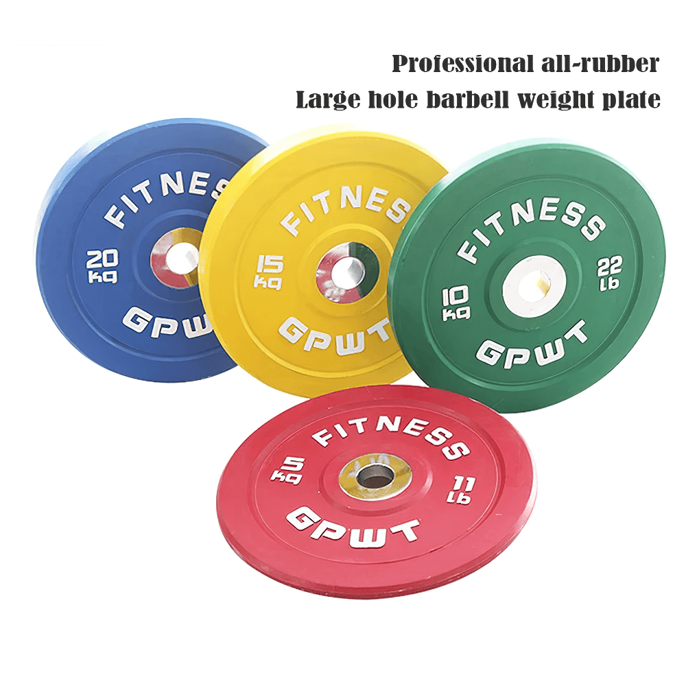 Color-coded rubber barbell weight plates for gyms, featuring large holes for easy fit on standard barbells. Ideal for strength training.