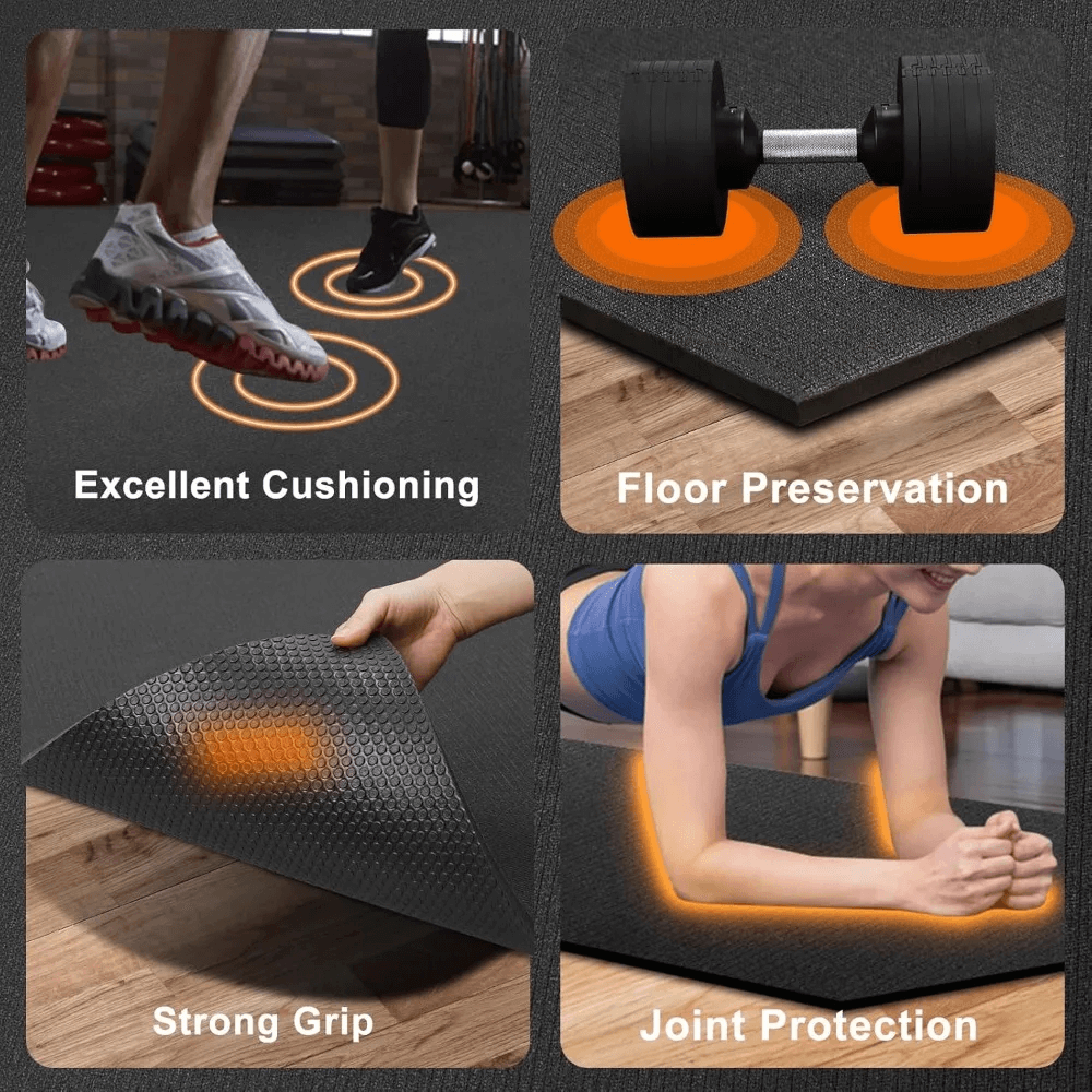 Protective Gym Flooring Mat for Home and Fitness - SF3470 showing its cushioning, floor preservation, grip, and joint protection features.