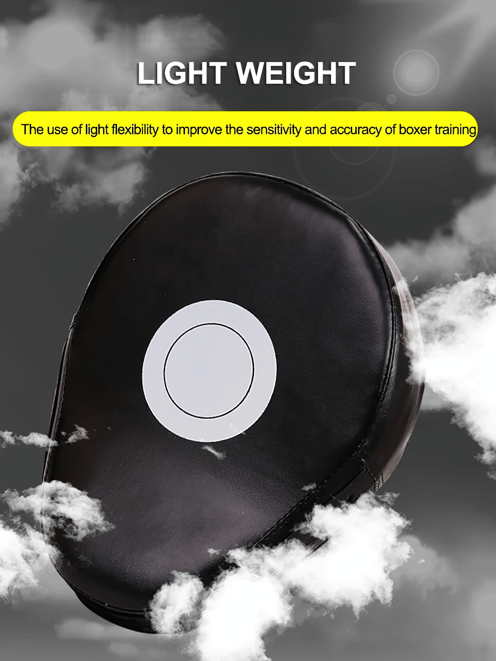 Black PU leather boxing focus mitt with target print in cloudy background, highlighting light weight and precision training.