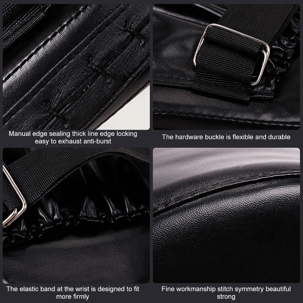 Close-up of PU leather boxing mitt showcases durable stitching, hardware buckle, and elastic band for secure fit. Ideal for training.