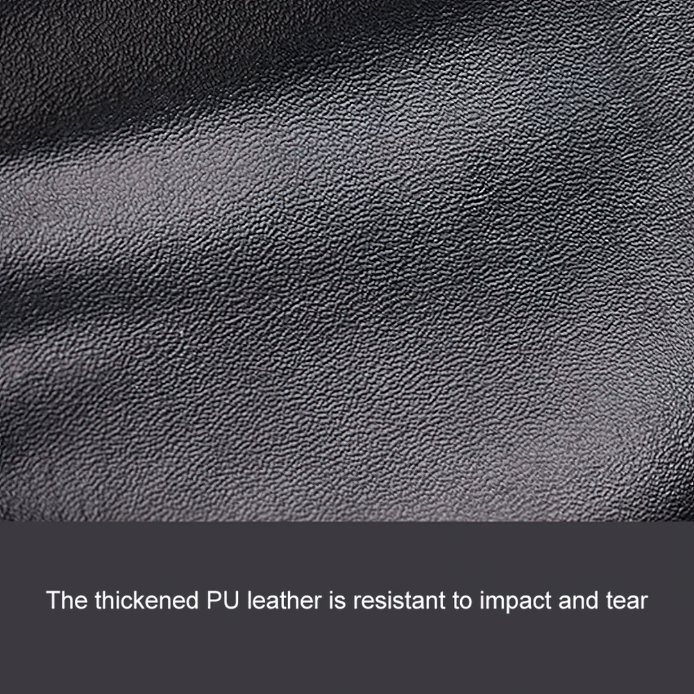 Close-up of durable black PU leather texture with text emphasizing resistance to impact and tear, ideal for boxing gear.