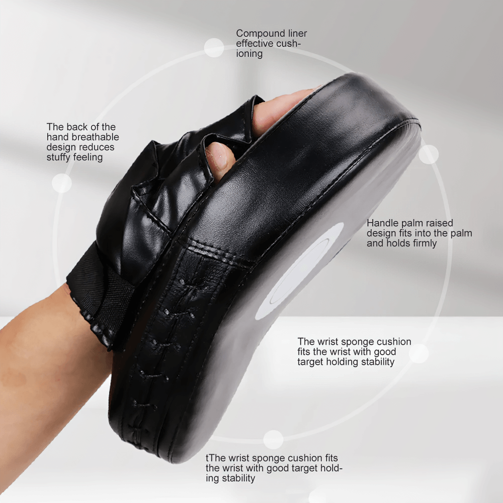 Black PU leather boxing focus mitt with target print and ergonomic design for shock absorption.