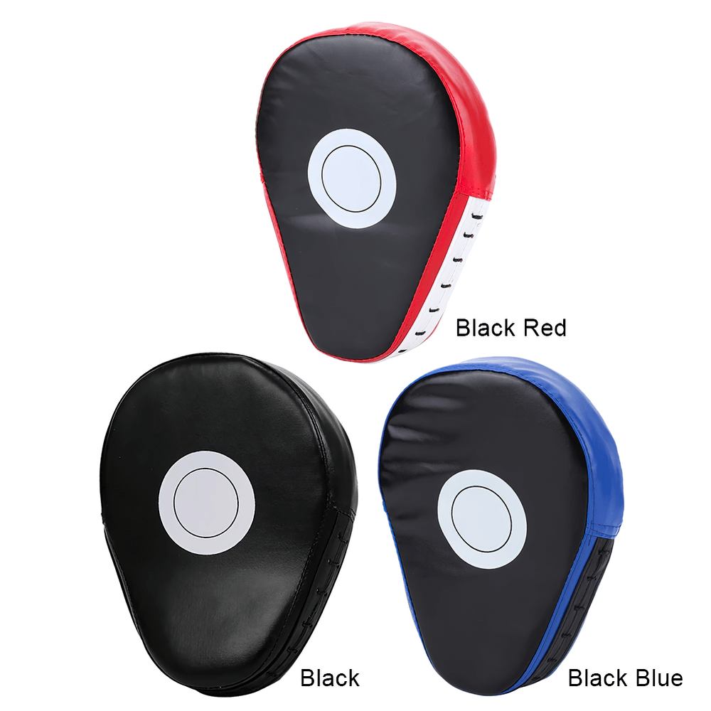 PU Leather Boxing Focus Mitts in Black, Red, and Blue for Muay Thai and MMA. Features target print, mesh, and dense foam for shock absorption.