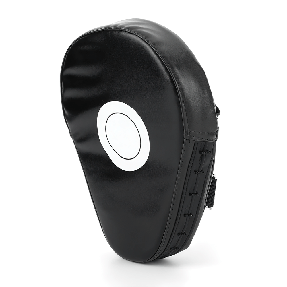 Black PU leather boxing focus mitt with target print and breathable mesh for kickboxing and Muay Thai. SF3154.