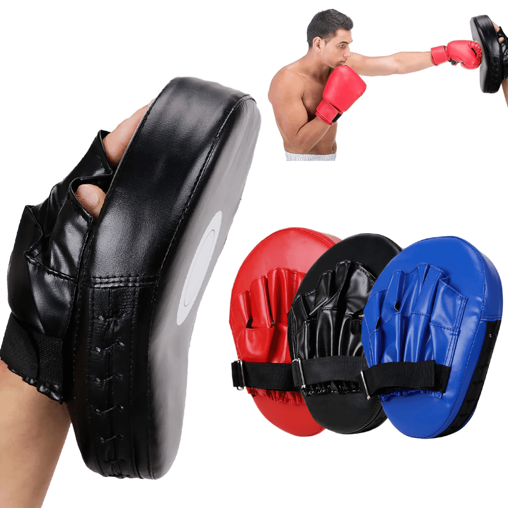 Focus mitts for boxing in black, red, and blue. PU leather design for Muay Thai and kickboxing training with target print.