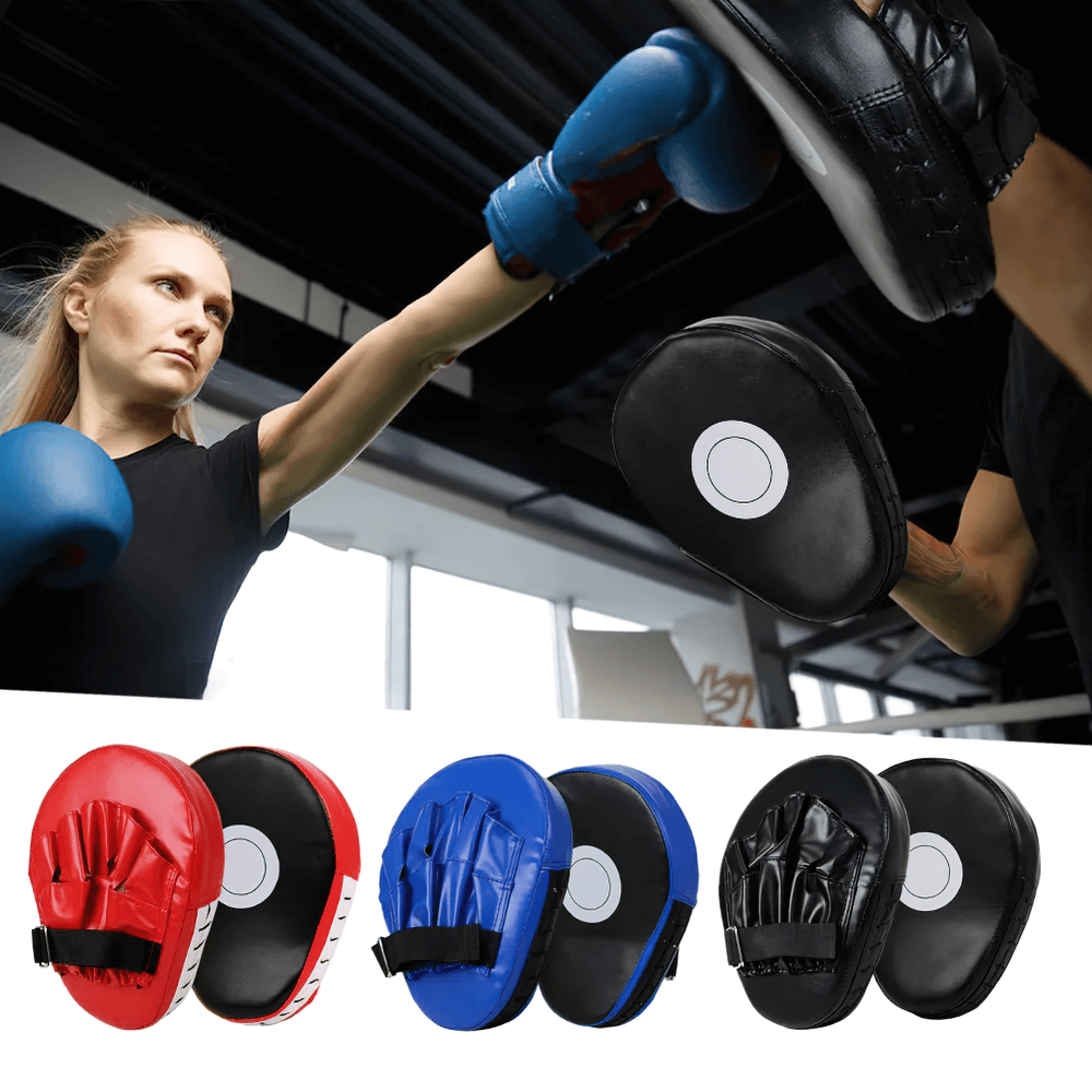 Unisex PU leather boxing focus mitts SF3154, ideal for kickboxing and MMA training, shown in various colors in gym setting.