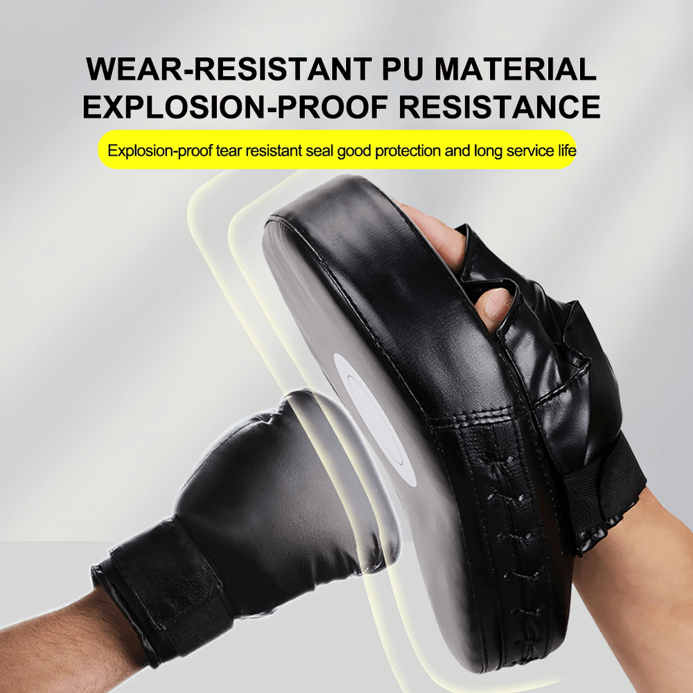 Black PU Leather Boxing Focus Mitt with Target Print SF3154 for Kickboxing and Muay Thai, showcasing shock absorption and durability.