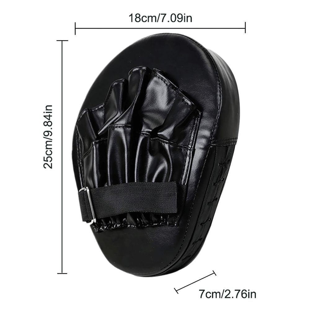 Black PU leather boxing focus mitt with dimensions 18x25x7 cm, featuring mesh, palm support, and durable stitching for MMA training.