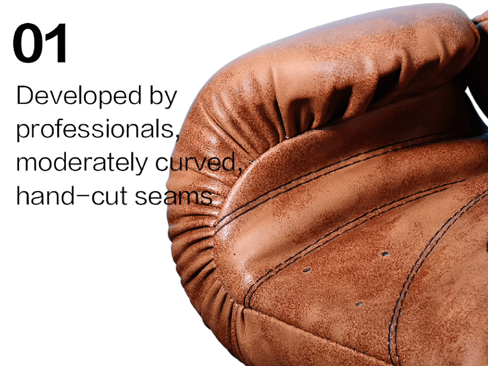 Close-up of PU leather boxing glove SF3086 with hand-cut seams and reinforced stitching for durability in training and sparring.