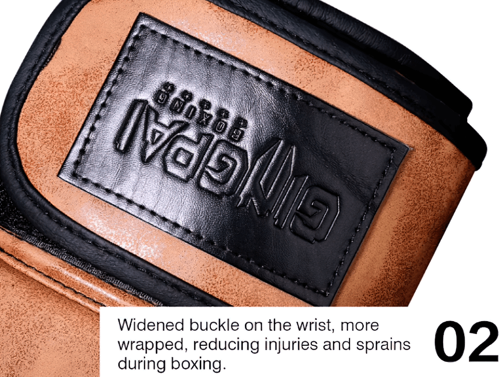Close-up of PU leather boxing glove with a widened wrist buckle for enhanced support and injury prevention during boxing.