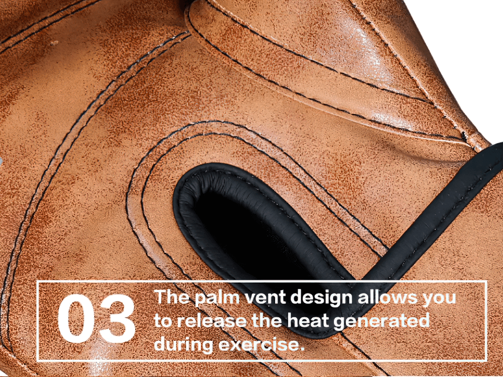 Close-up of PU leather boxing glove with vented palm design for heat release during training.
