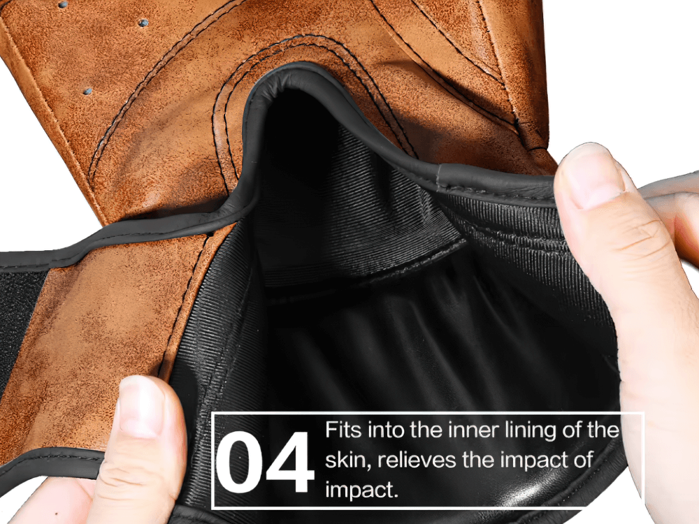 Close-up of PU leather boxing gloves SF3086 showing reinforced inner lining for impact protection.