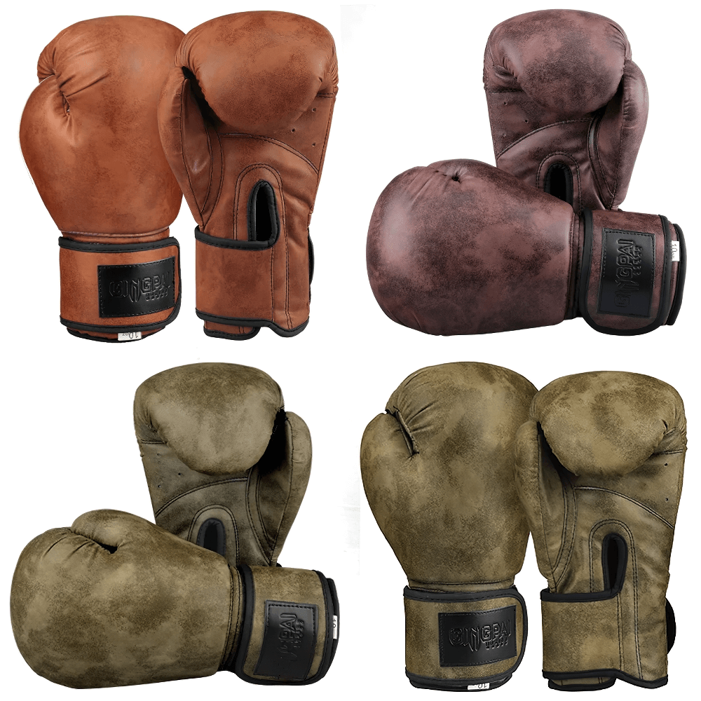 Four pairs of PU leather boxing gloves in brown, gray, and green. Ideal for training and sparring with durable material and wrist support.