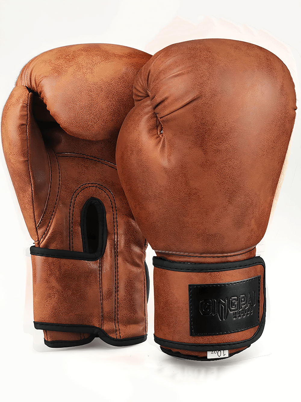 Durable brown PU leather boxing gloves with wrist strap for training and sparring, ideal for fitness enthusiasts and boxing workouts.