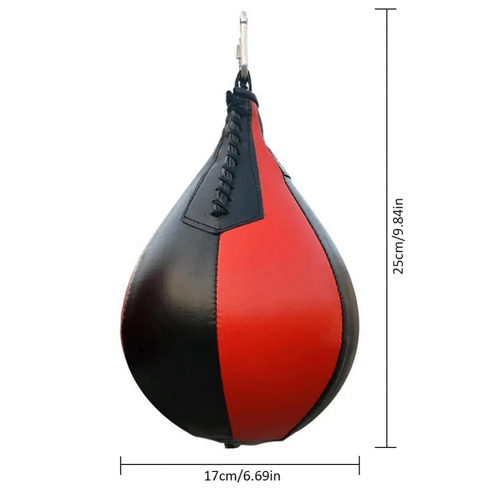 Red and black PU leather speed ball for boxing and gym training (SF3159), perfect for MMA and cardio workout, with dimensions 25x17cm.