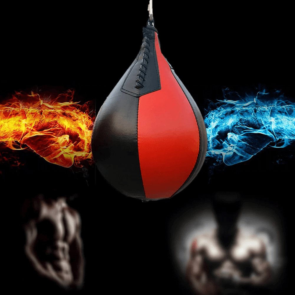 PU Leather Speed Ball for Boxing and Gym Training - SF3159 with fiery backdrop, ideal for enhancing boxing skills and reflexes.