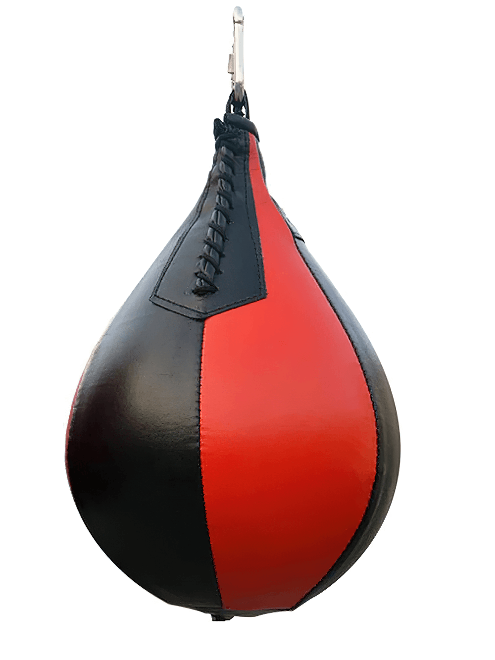 Red and black PU leather pear punching speed ball for boxing and gym training, ideal for MMA cardio workout. Model SF3159.
