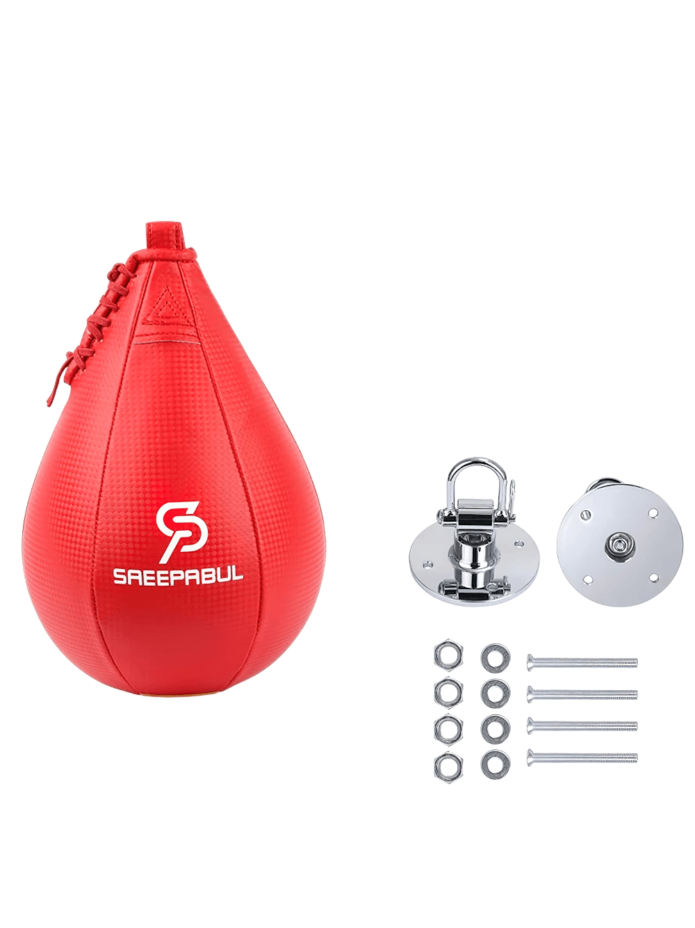 Red PU speed punch ball with mounting kit for boxing training, featuring reinforced stitching and smooth rebound. Model SF3162.