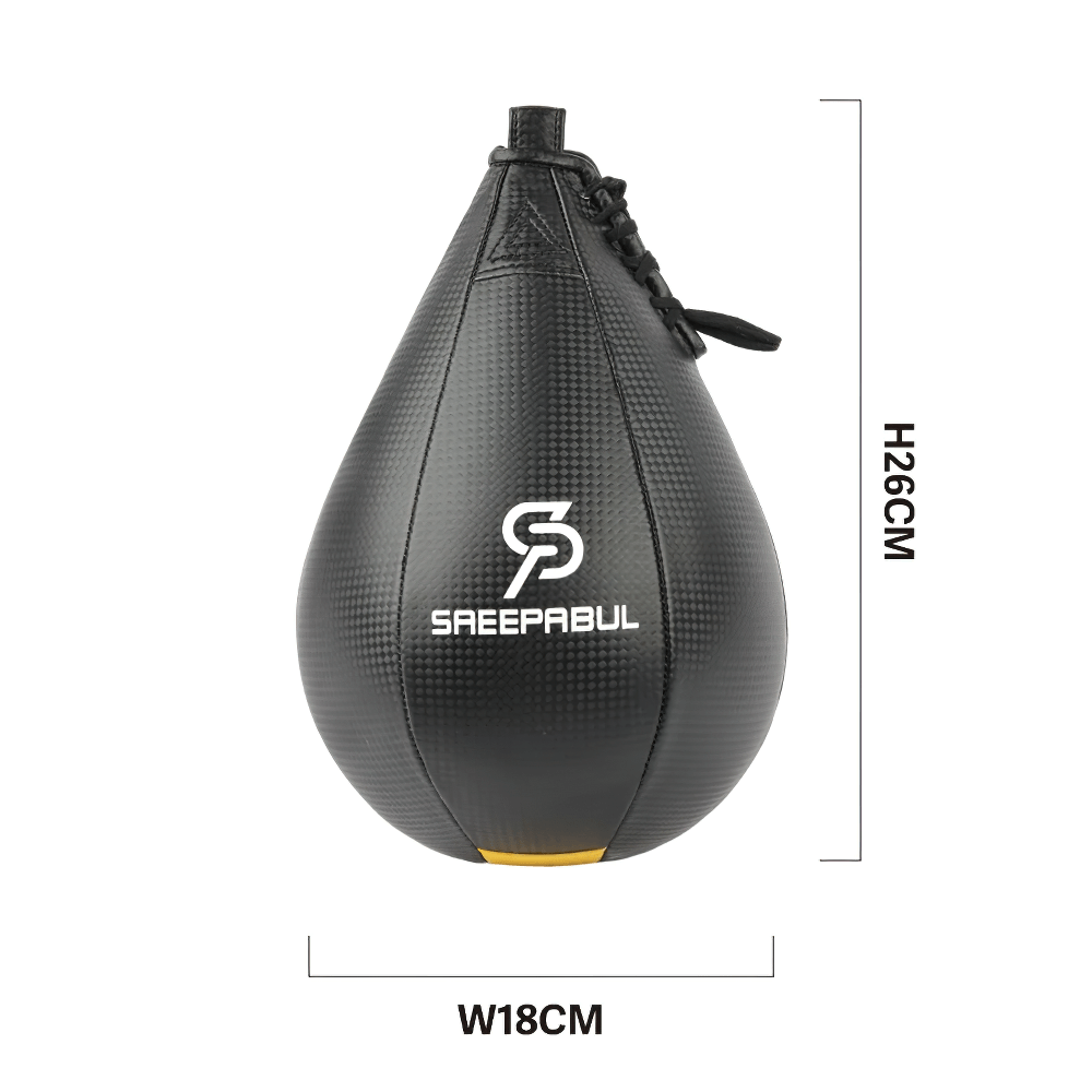 Black PU leather speed punch ball for boxing, size W18cm x H26cm, shown with brand logo and measurement guide.