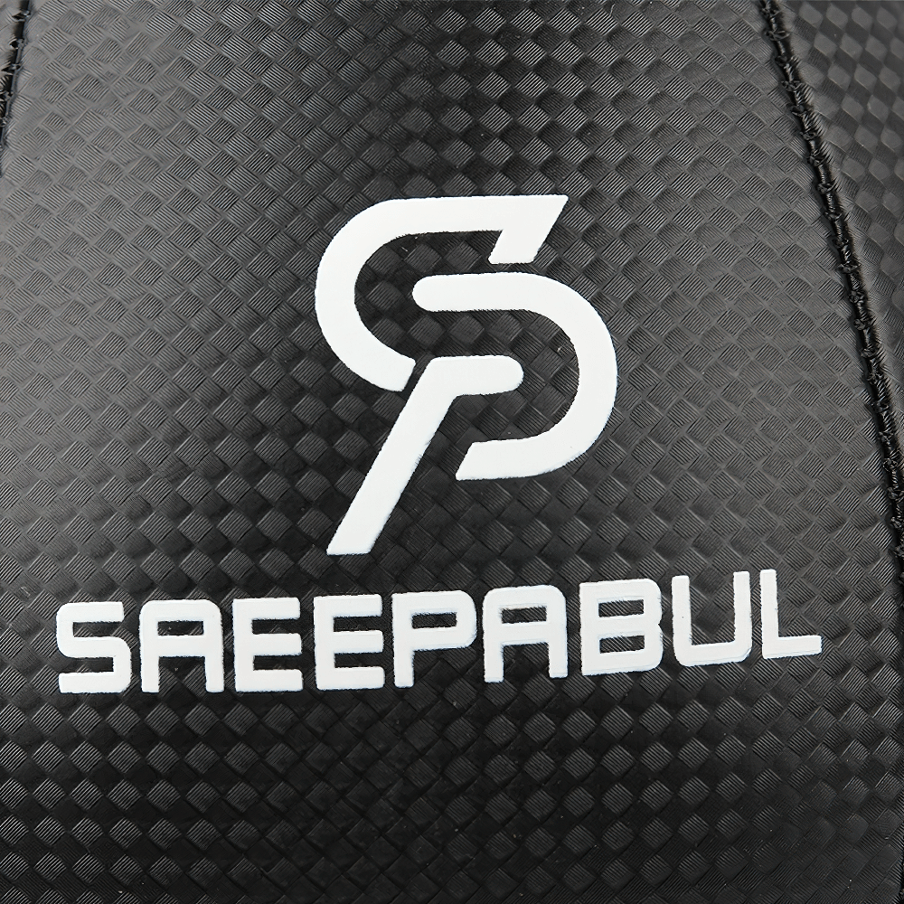 Close-up of a black PU Speed Punch Ball with a textured surface and white logo, designed for boxing training.