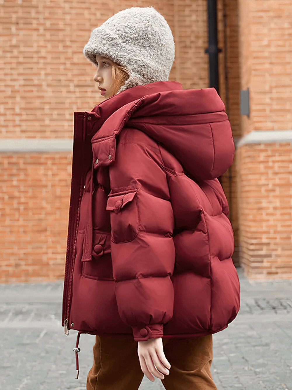 Child wearing Puffer Jacket with Oversized Hood and Pockets - SF3628, cozy and stylish for cold weather in bright red.