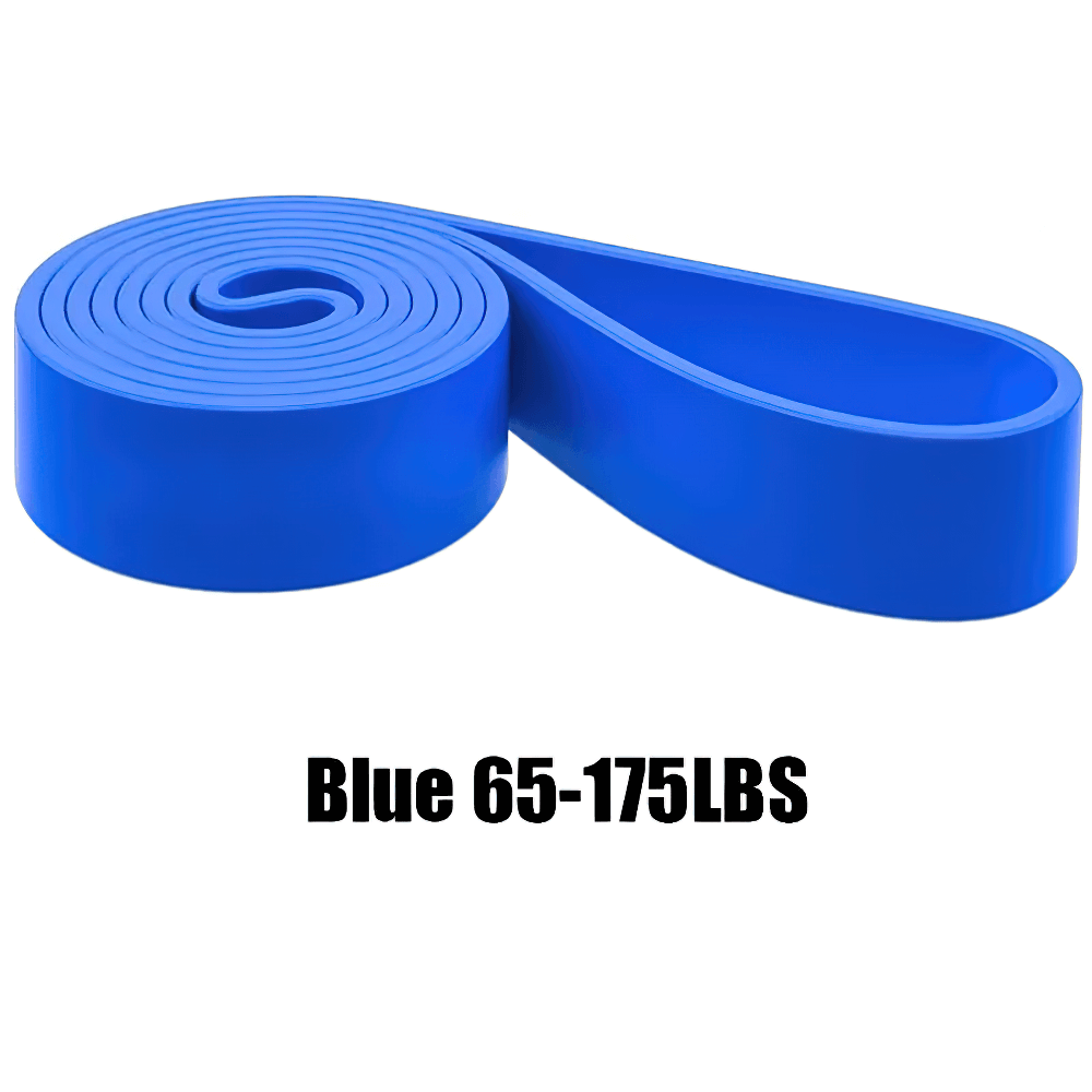 Blue pull up resistance band for stretching and strength training, 65-175lbs, ideal for home workouts and Pilates exercises.