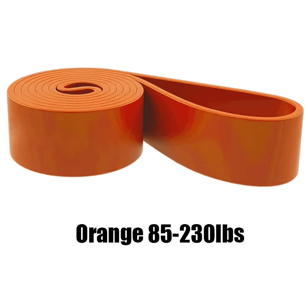 Orange resistance band for home workouts, 85-230lbs, ideal for pull-ups, Pilates, and strength training exercises.