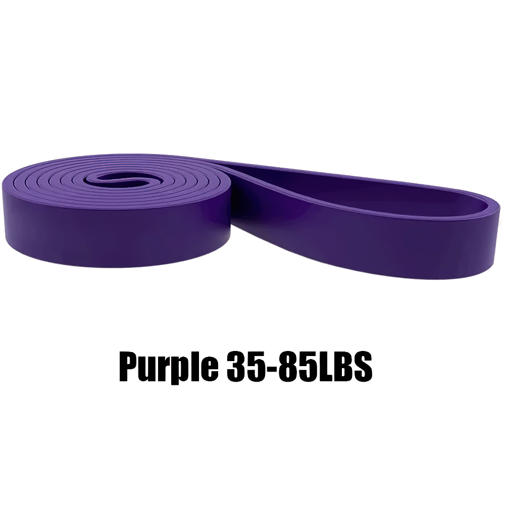 Purple 35-85LB resistance band for strength training, stretching, and Pilates exercises at home or gym.