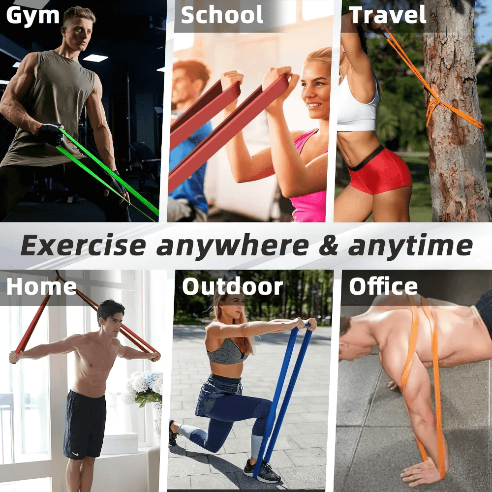 People using resistance bands in various settings like gym, home, office, school, travel, and outdoors for versatile exercise.