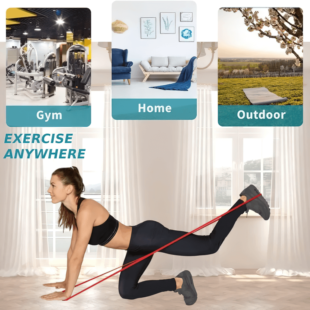 Woman using pull up resistance band for home workout, showcasing gym, home, and outdoor exercise options, enhancing flexibility.