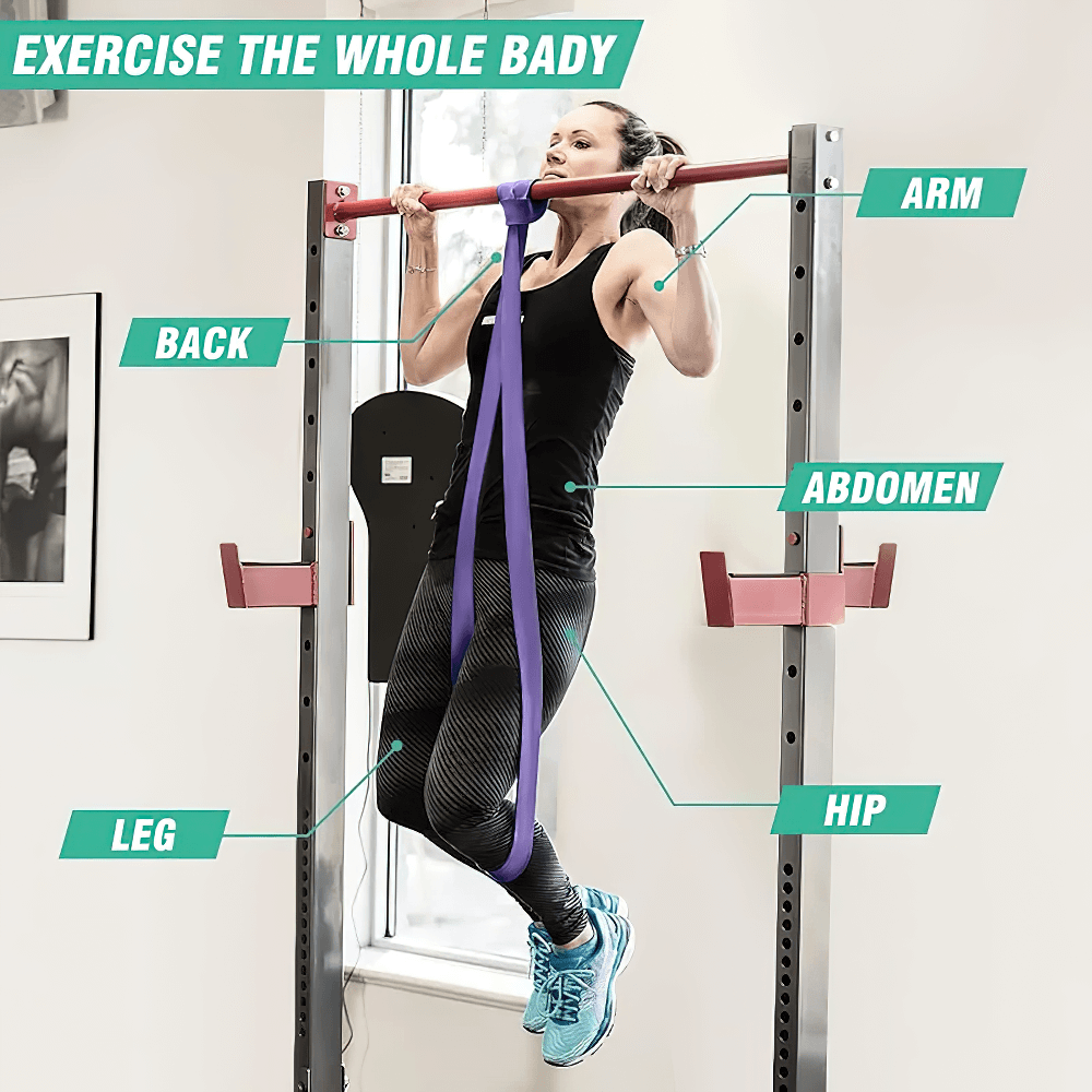 Woman using pull up resistance band for strength training and stretching, targeting arms, back, abdomen, hips, and legs. SF3411.