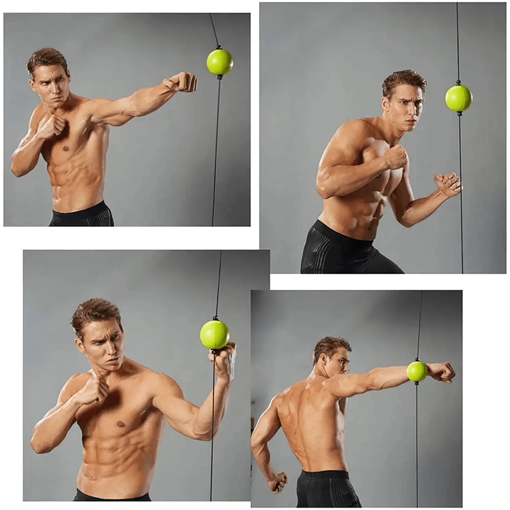 Man training with a boxing reflex ball, improving speed and hand-eye coordination, using a durable headband-attached ball.