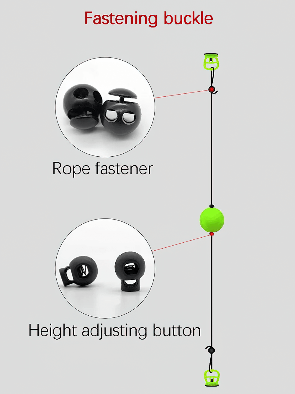 Punching ball training tool with rope fastener, height adjusting button, and fastening buckle.