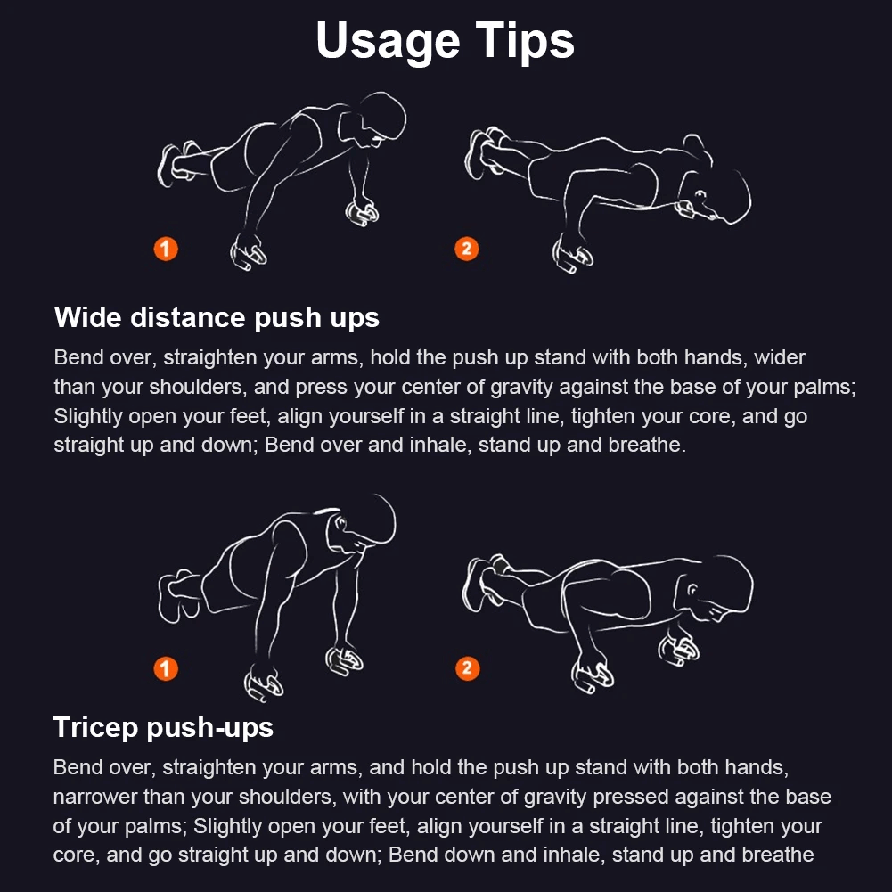 Diagram showing wide distance and tricep push-ups with S shape push-up stands for chest and arm workouts.