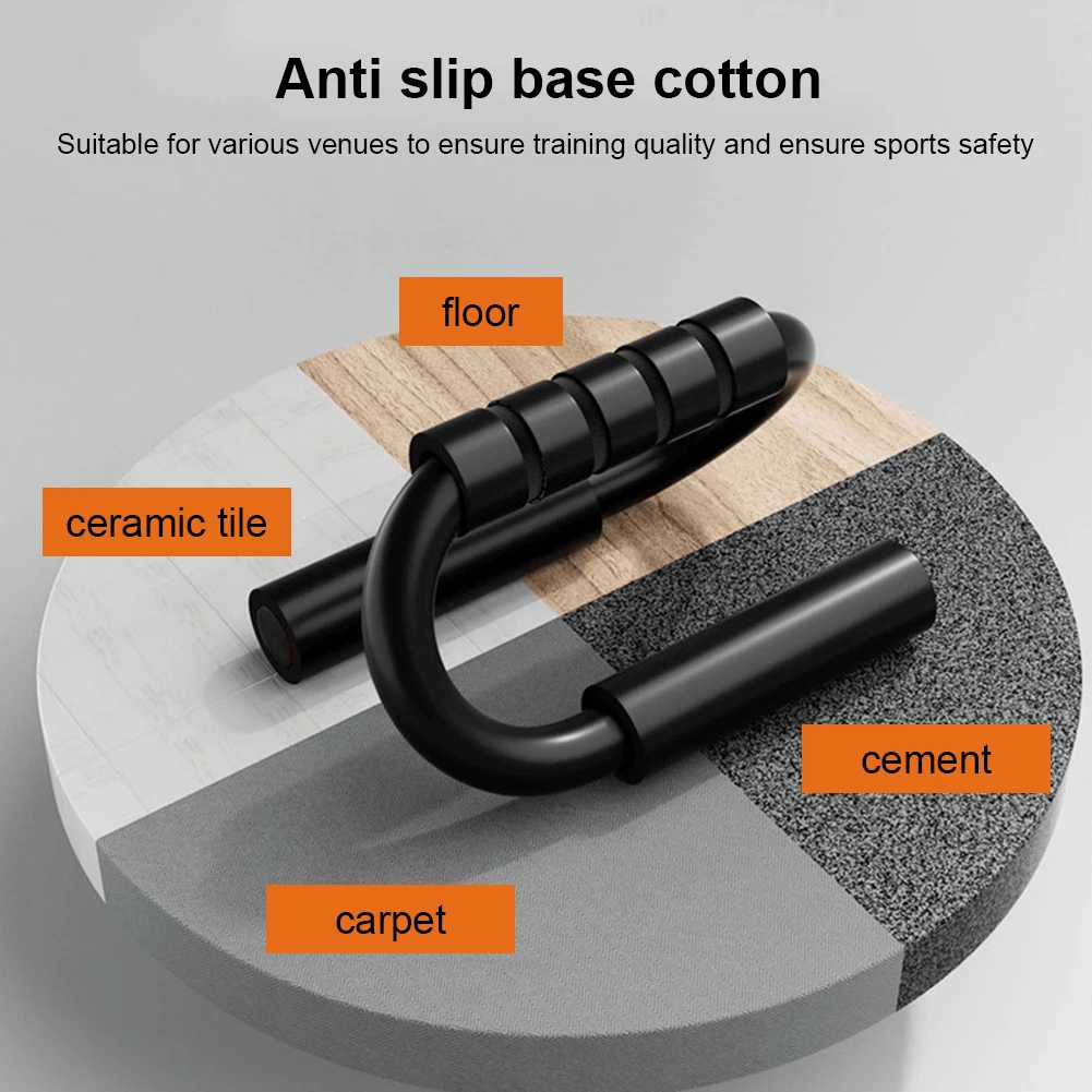 S Shape Push Up Stand with foam grip on various surfaces like wood, carpet, tile, and cement, highlighting anti-slip base.