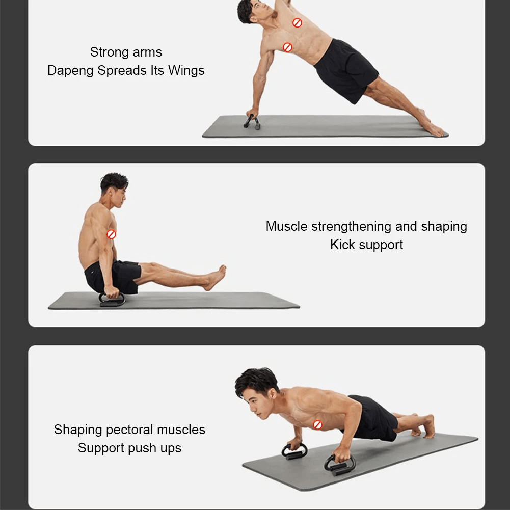 Man demonstrating exercises using S Shape push up handles for chest, arm, and shoulder strength on a workout mat.