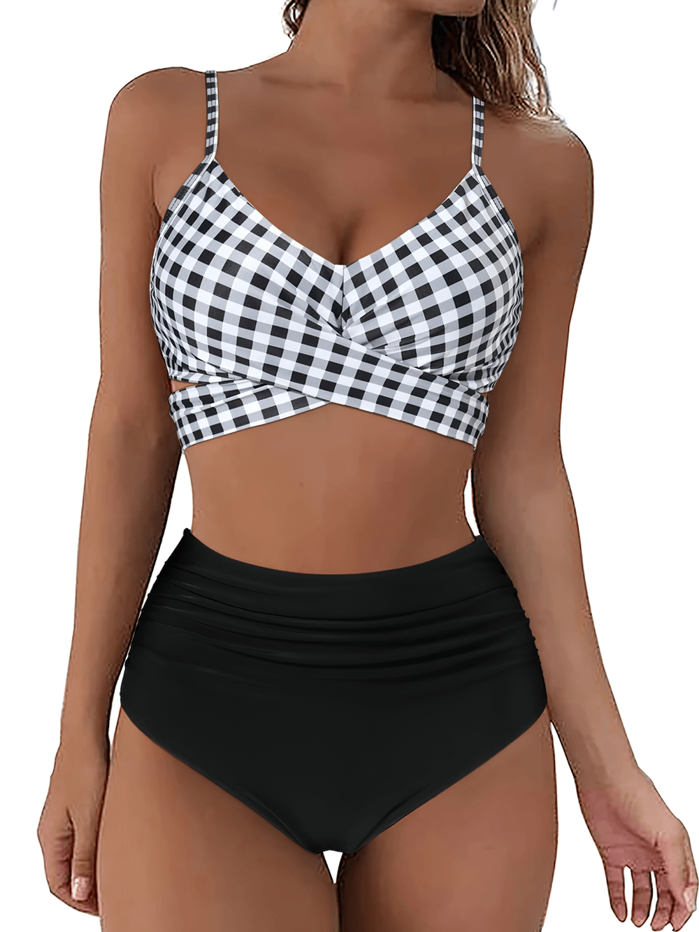 Push-Up Women's Swimsuits with Wrap Top - SF4756 - stylish wrap bikini with high-waisted bottoms in black and white.