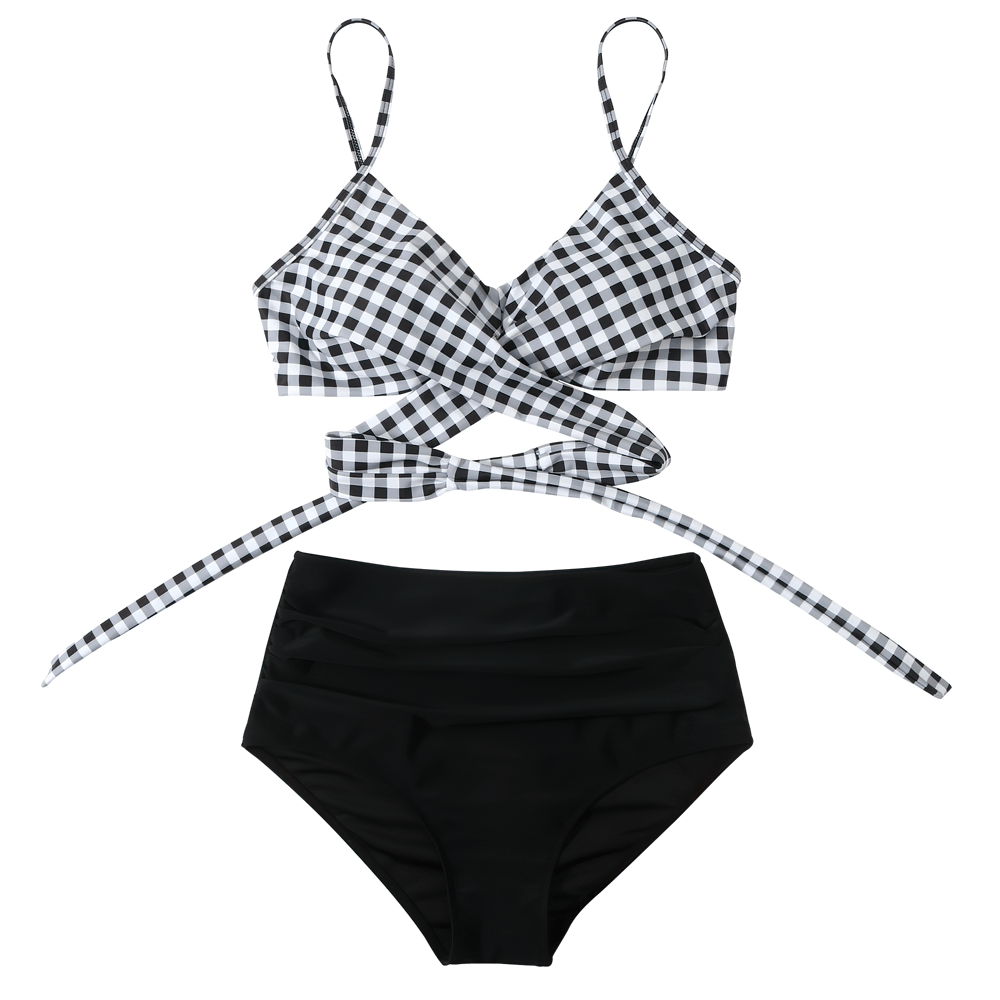 Push-Up Women's Swimsuits with Wrap Top - SF4756 featuring a chic black and white checkered wrap top and mid-waist bottoms.