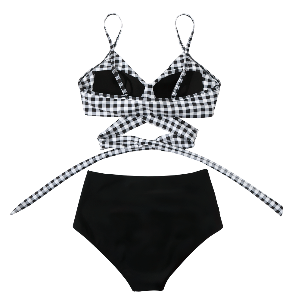 Push-Up Women's Swimsuits with Wrap Top - SF4756 in black and white checkered pattern with high-waist bottoms.