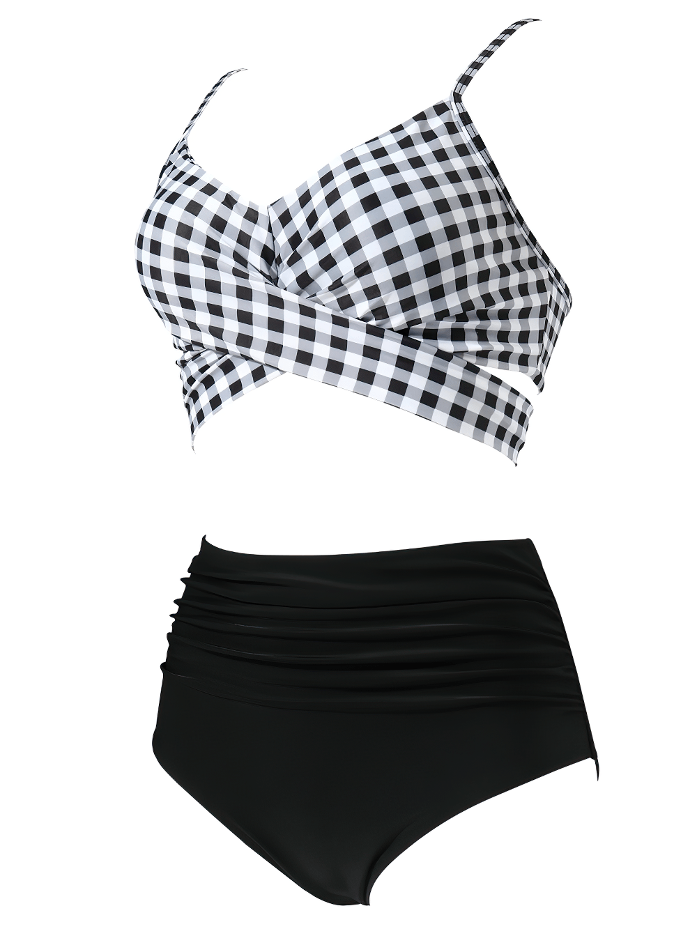 Push-Up Women's Swimsuits with Wrap Top - SF4756 in black and white checkered wrap top with mid-waist bottoms.