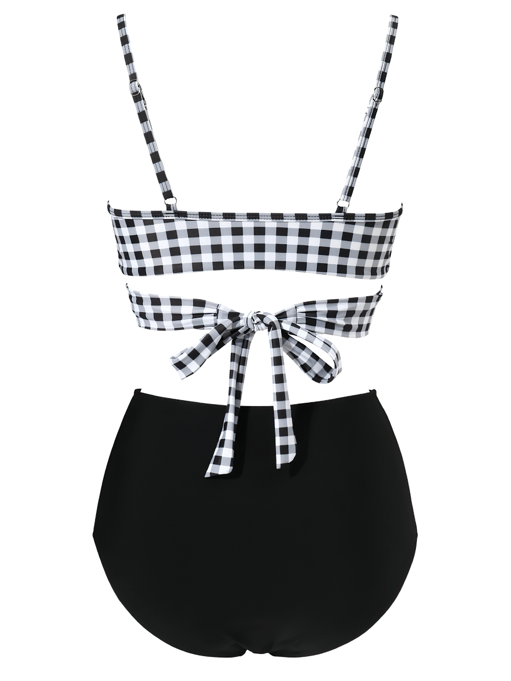 Push-Up Women's Swimsuits with Wrap Top - SF4756 in chic black and white gingham pattern with tie-back and mid-waist bottoms.